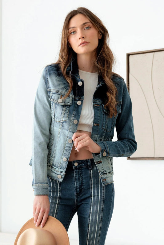 Faded Blue Front Pockets Silver Buttons Denim Jacket - Tasha Apparel Wholesale