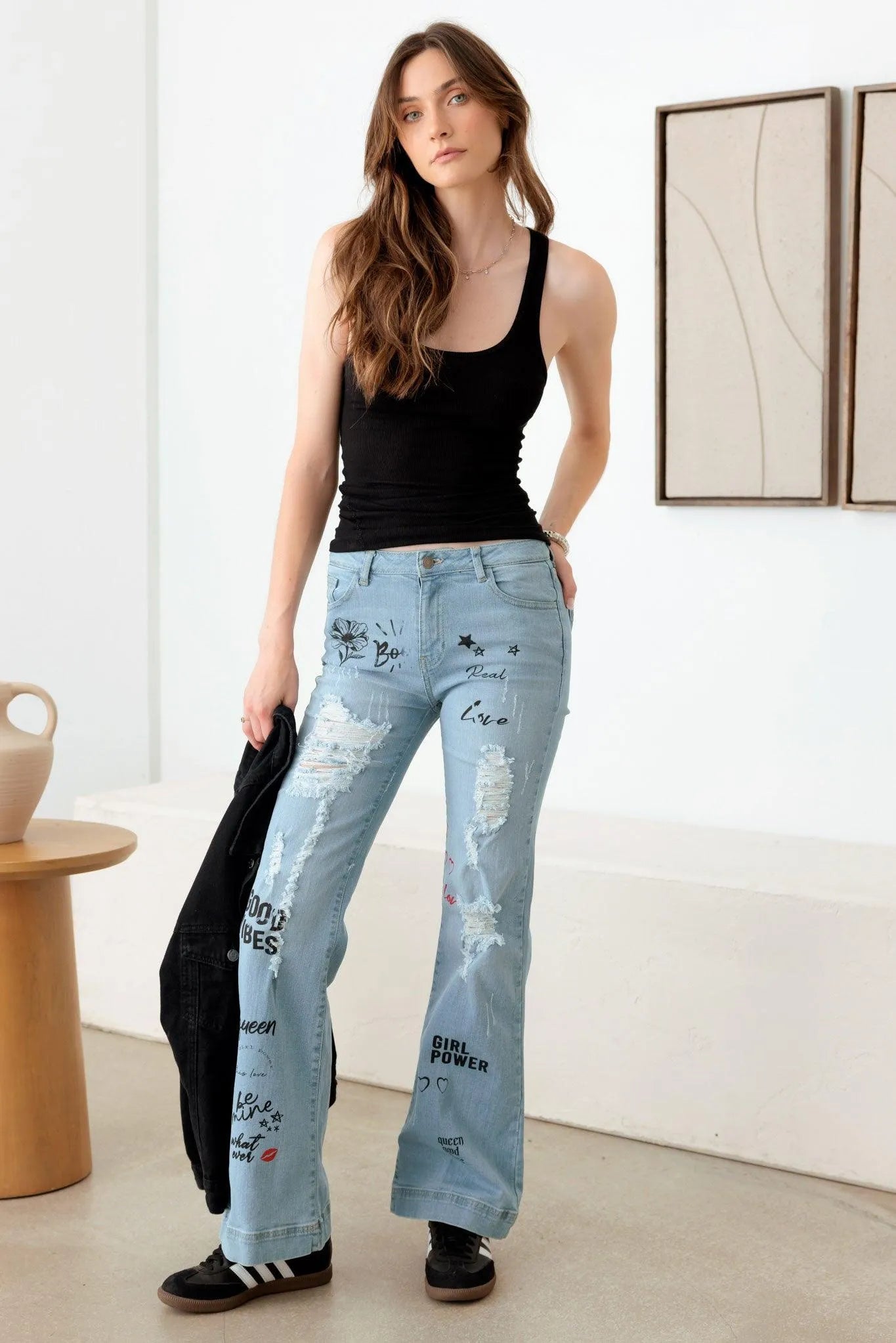 Blue Mid Waist Slogan Graphic Print Flare Jeans - Tasha Apparel Wholesale