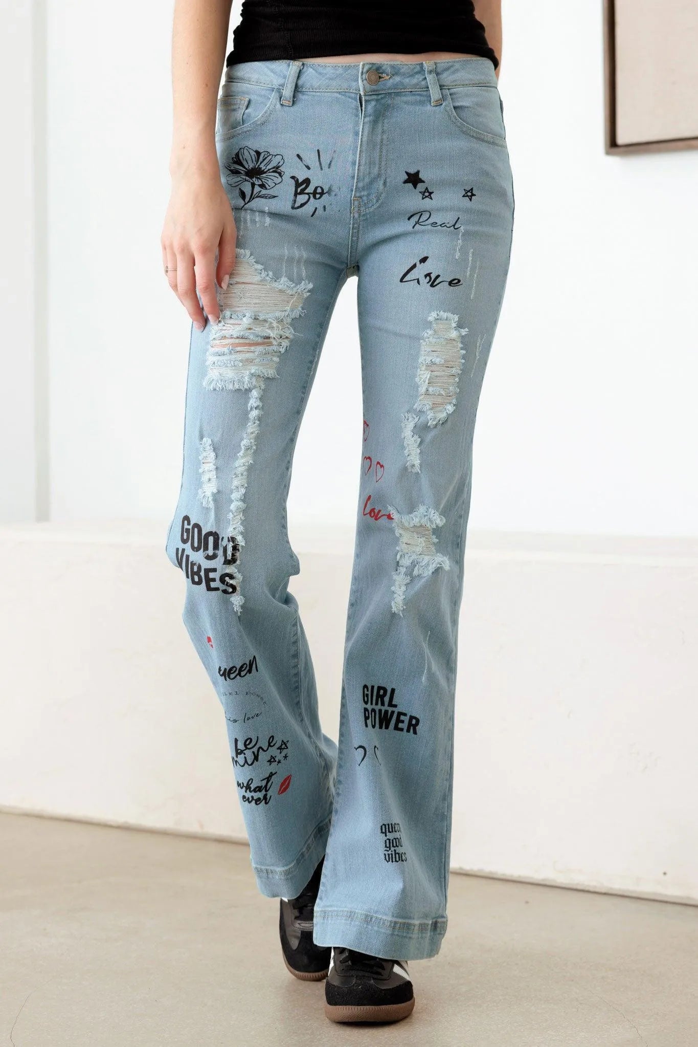 Blue Mid Waist Slogan Graphic Print Flare Jeans - Tasha Apparel Wholesale