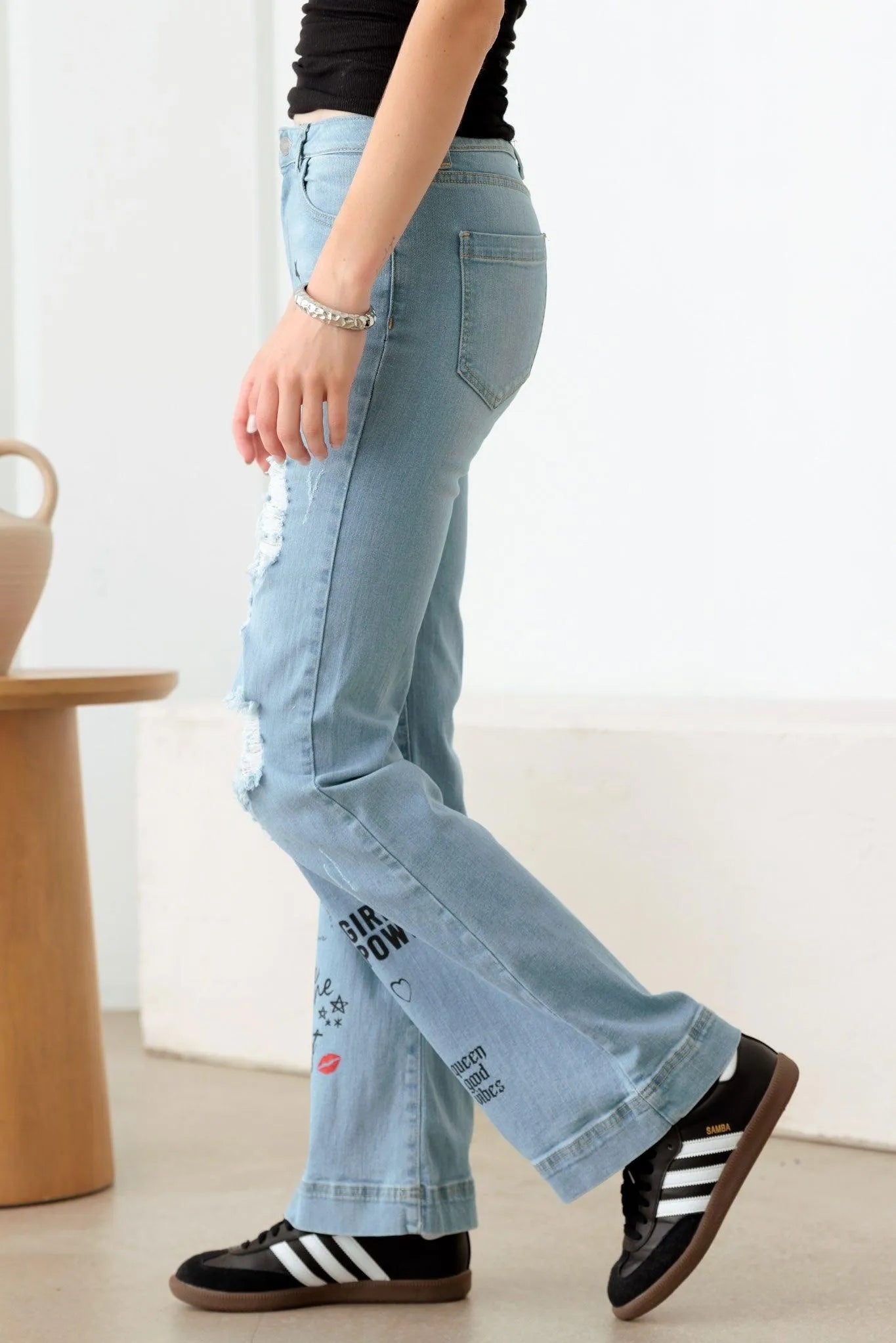 Blue Mid Waist Slogan Graphic Print Flare Jeans - Tasha Apparel Wholesale