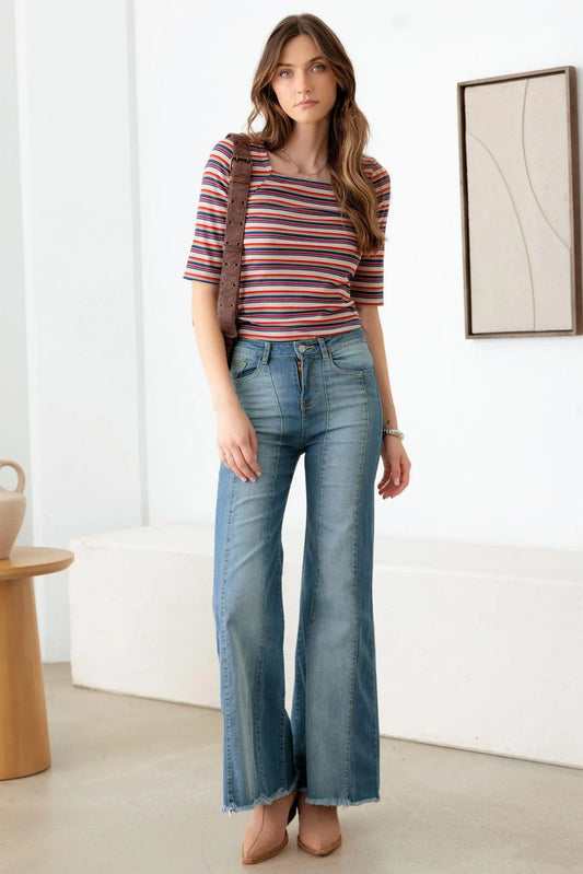 Blue Cotton High Waist Front Seam Flare Jeans - Tasha Apparel Wholesale