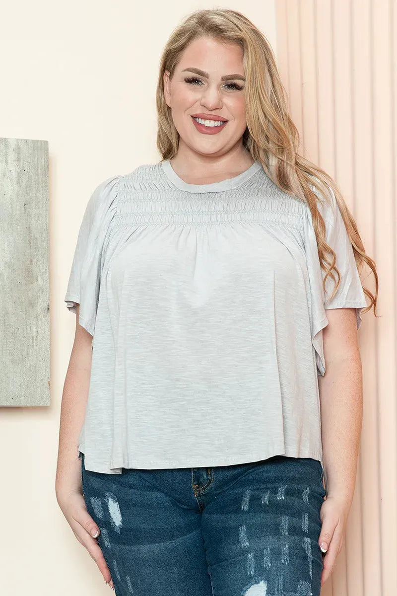 Plus Size Cotton Smocked Yoke Flutter Sleeve Casual Top - Tasha Apparel Wholesale