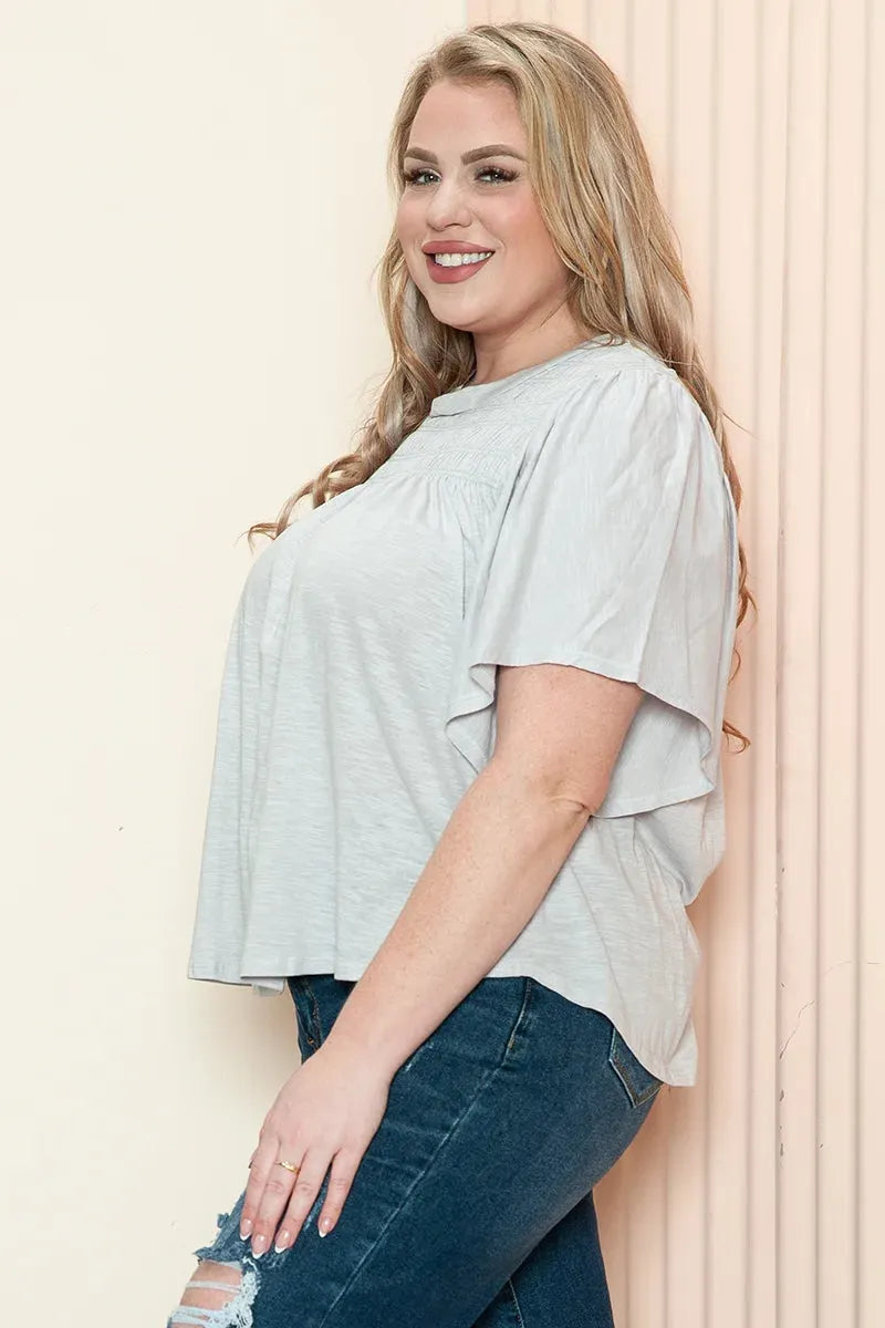 Plus Size Cotton Smocked Yoke Flutter Sleeve Casual Top - Tasha Apparel Wholesale
