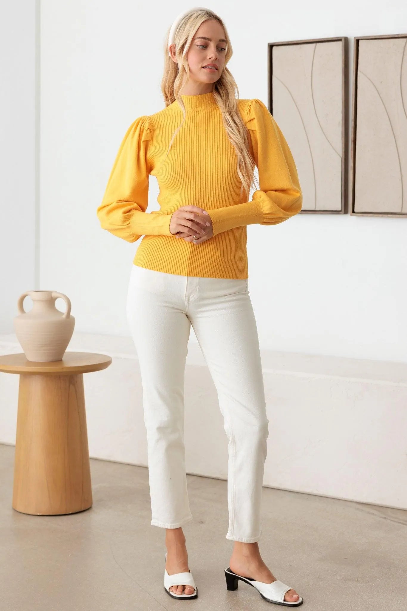 Ribbed Mock Neck Long Balloon Sleeve Sweater - Tasha Apparel Wholesale