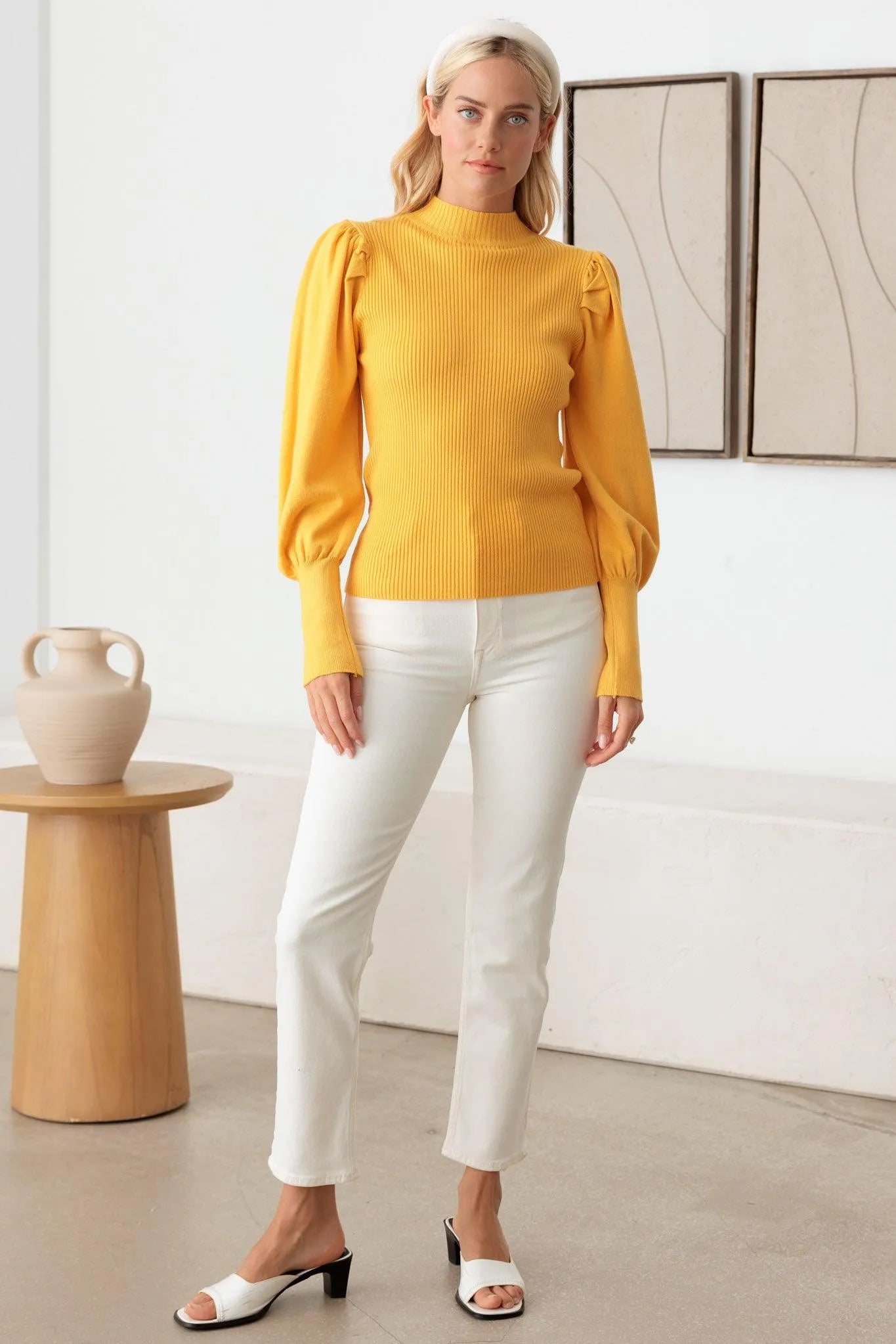 Ribbed Mock Neck Long Balloon Sleeve Sweater - Tasha Apparel Wholesale