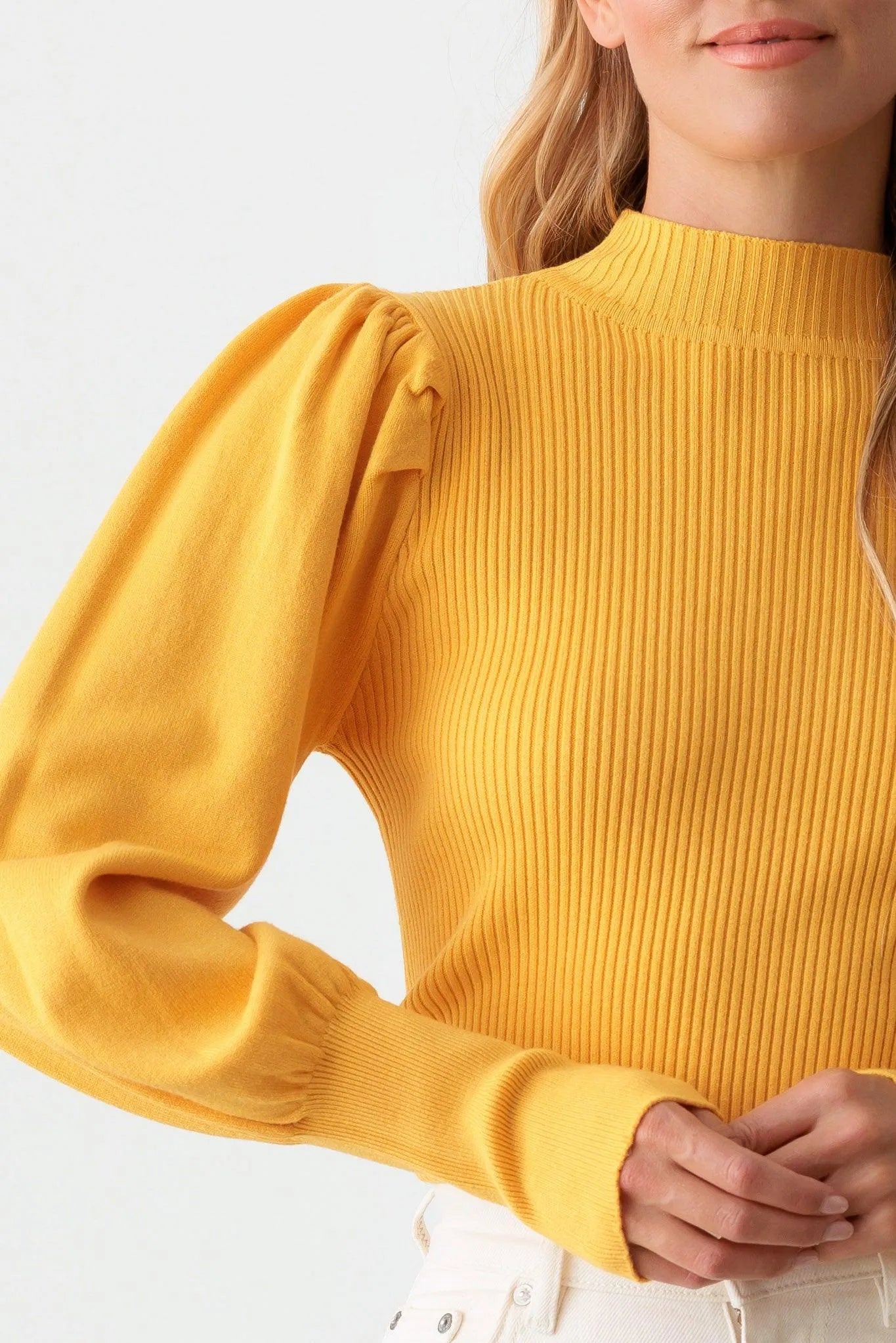 Ribbed Mock Neck Long Balloon Sleeve Sweater - Tasha Apparel Wholesale