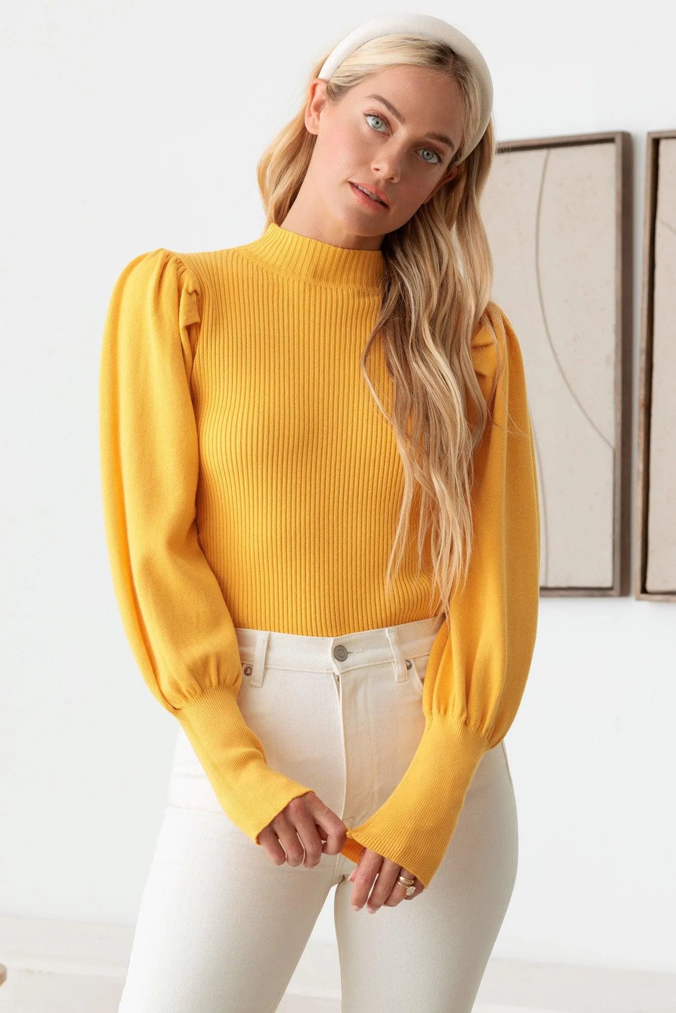 Ribbed Mock Neck Long Balloon Sleeve Sweater - Tasha Apparel Wholesale