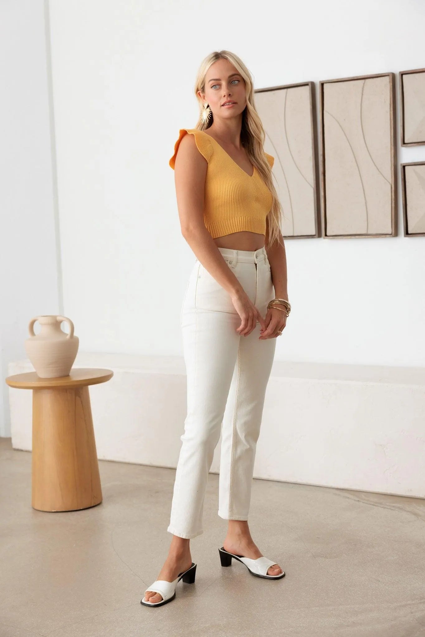 Ruffled Short Sleeve V-Neck Crop Sweater Top - Tasha Apparel Wholesale