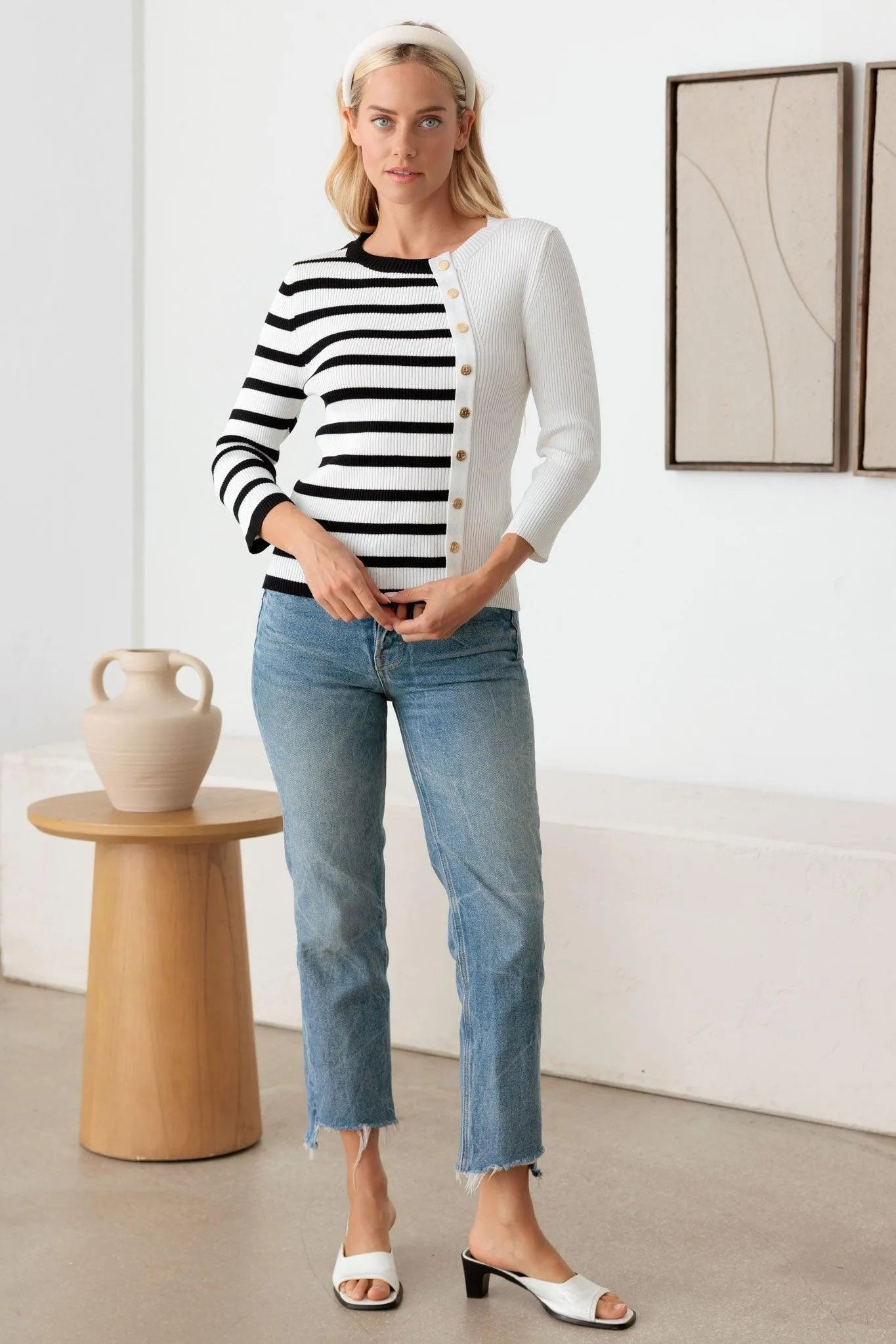 Stripe Gold Button Down Closure Knit Cardigan - Tasha Apparel Wholesale