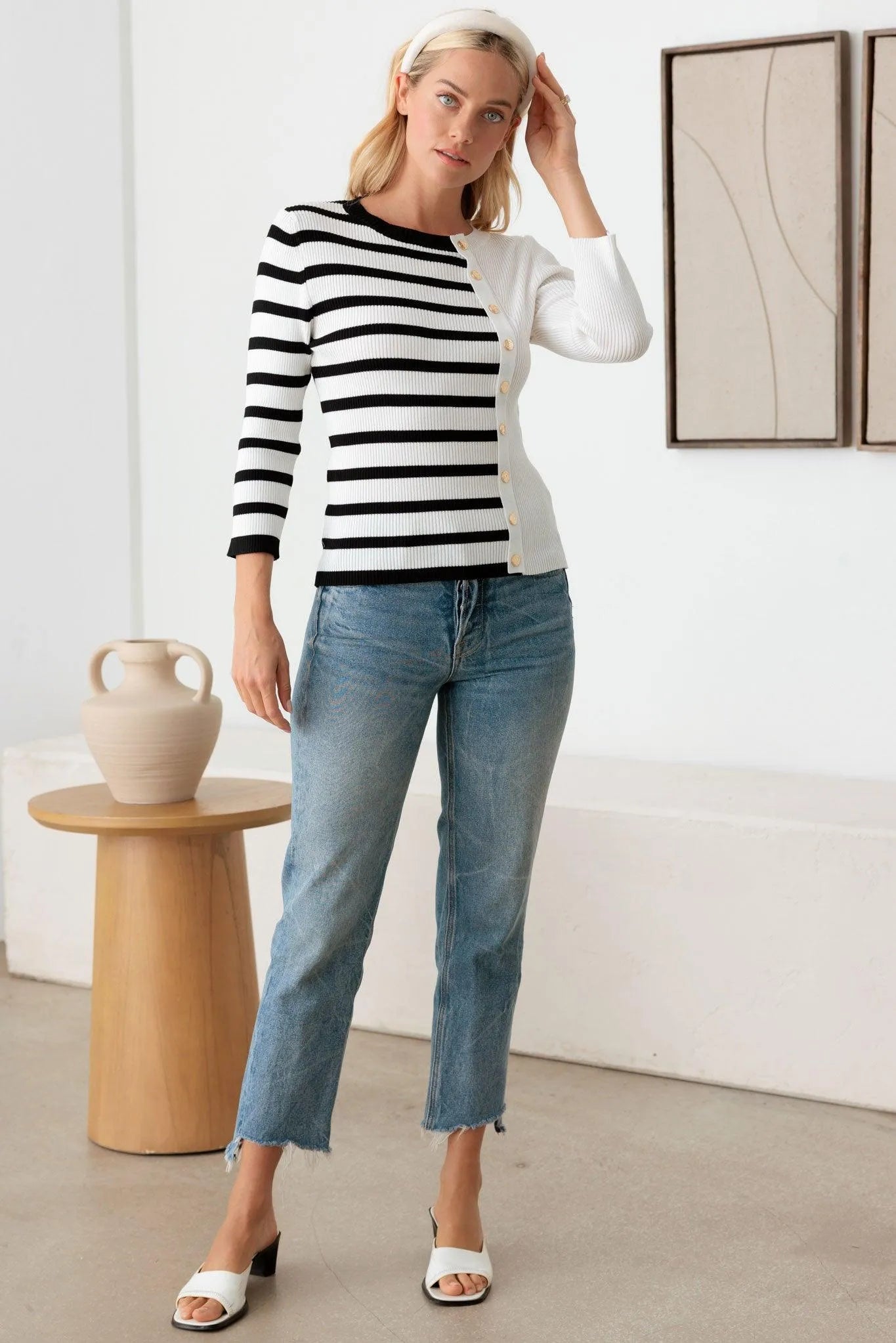 Stripe Gold Button Down Closure Knit Cardigan - Tasha Apparel Wholesale