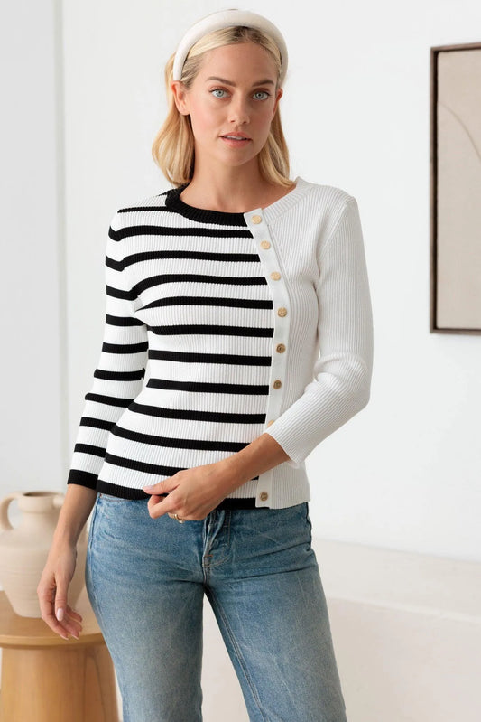 Stripe Gold Button Down Closure Knit Cardigan - Tasha Apparel Wholesale