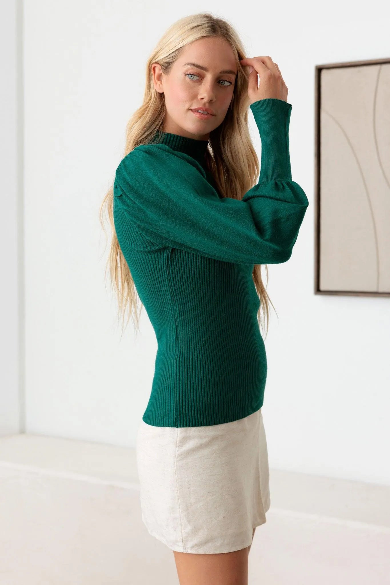 Ribbed Mock Neck Long Balloon Sleeve Sweater - Tasha Apparel Wholesale