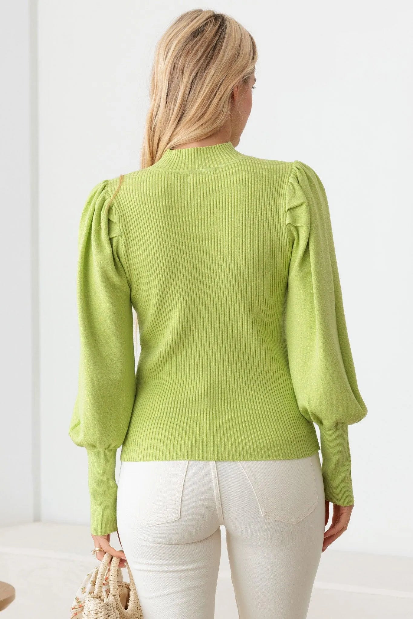 Ribbed Mock Neck Long Balloon Sleeve Sweater - Tasha Apparel Wholesale