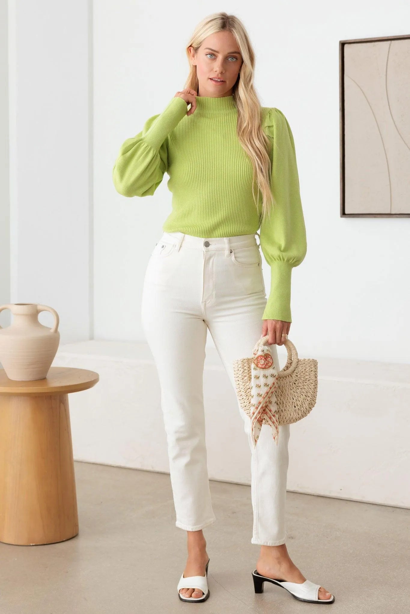 Ribbed Mock Neck Long Balloon Sleeve Sweater - Tasha Apparel Wholesale