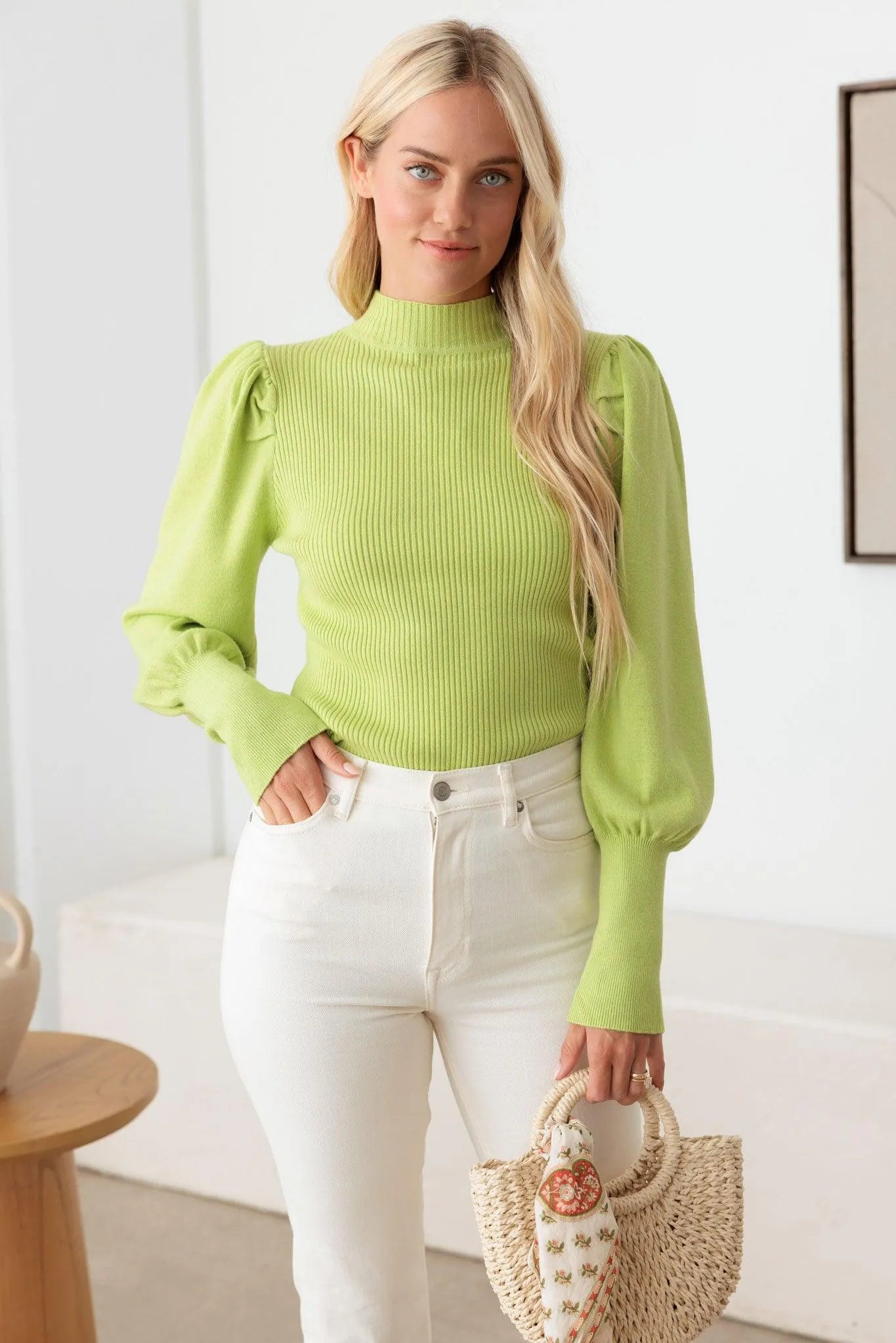 Ribbed Mock Neck Long Balloon Sleeve Sweater - Tasha Apparel Wholesale