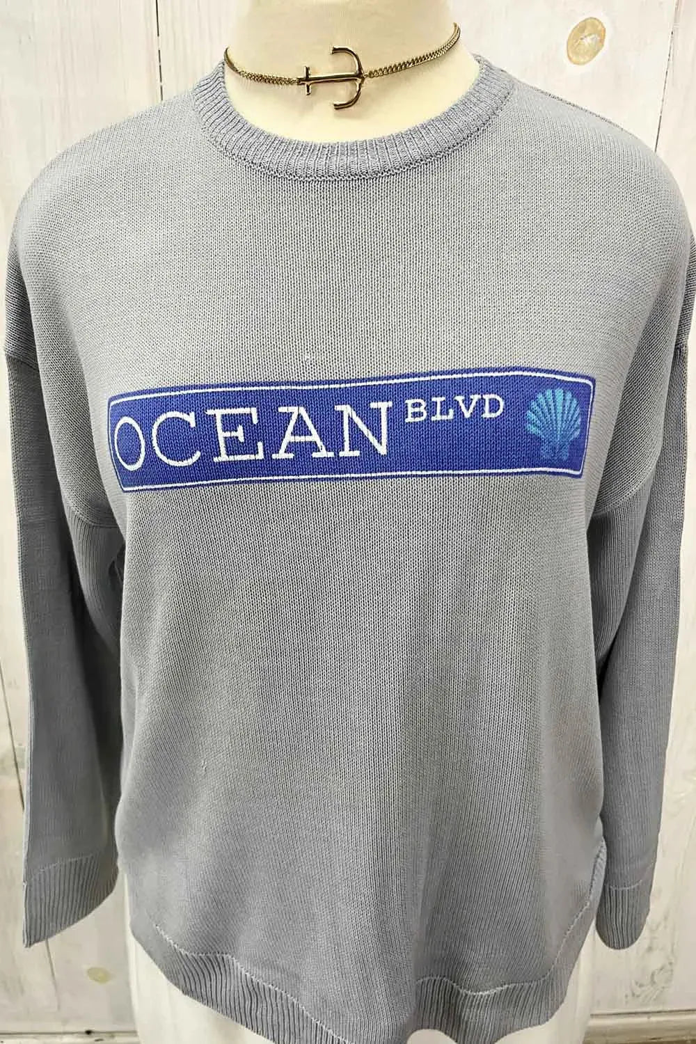Plus Size "OCEAN BLVD" Graphic Knit Long Sleeve Crew Neck Boutique Sweater