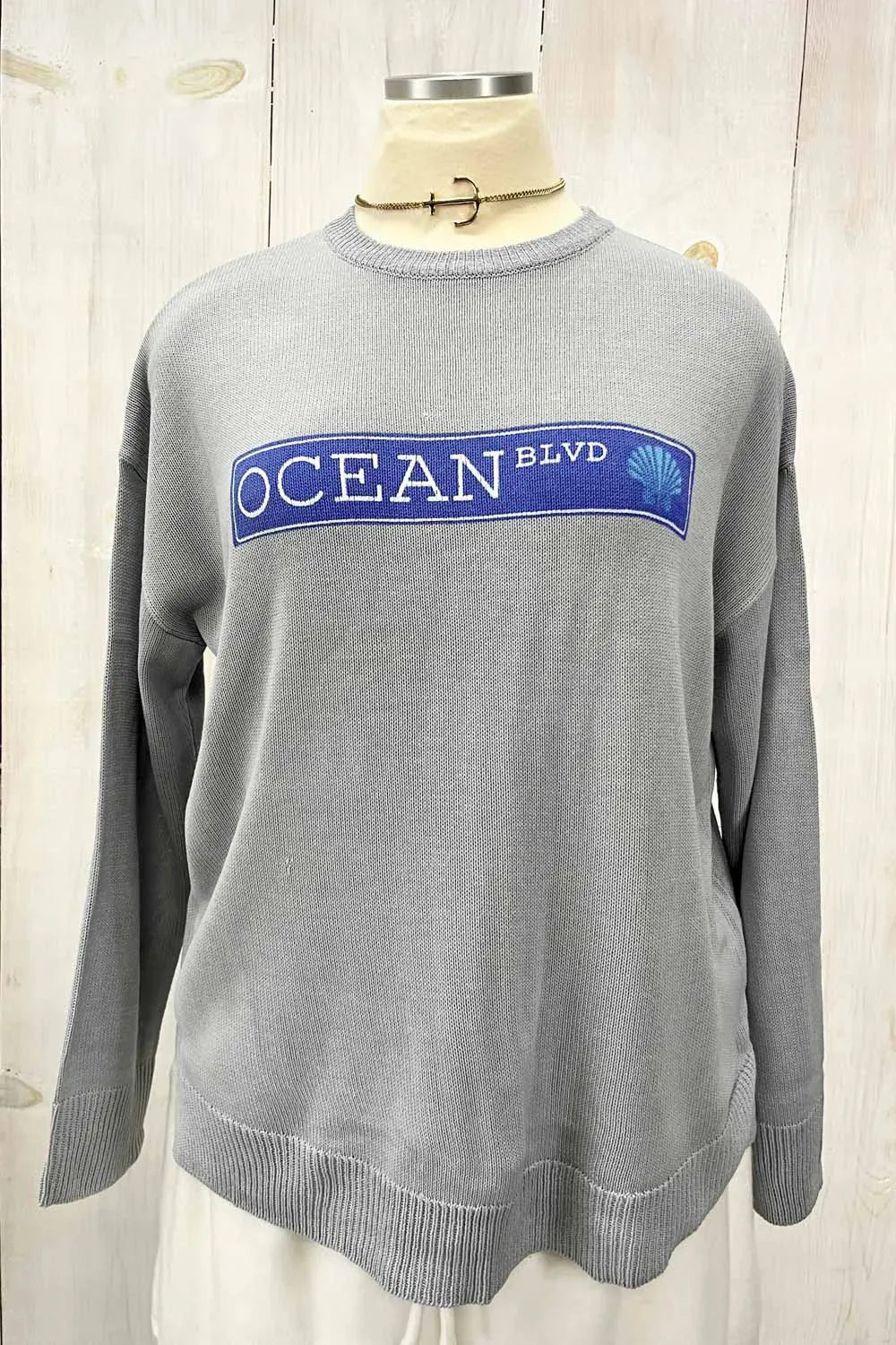 Plus Size "OCEAN BLVD" Graphic Knit Long Sleeve Crew Neck Boutique Sweater