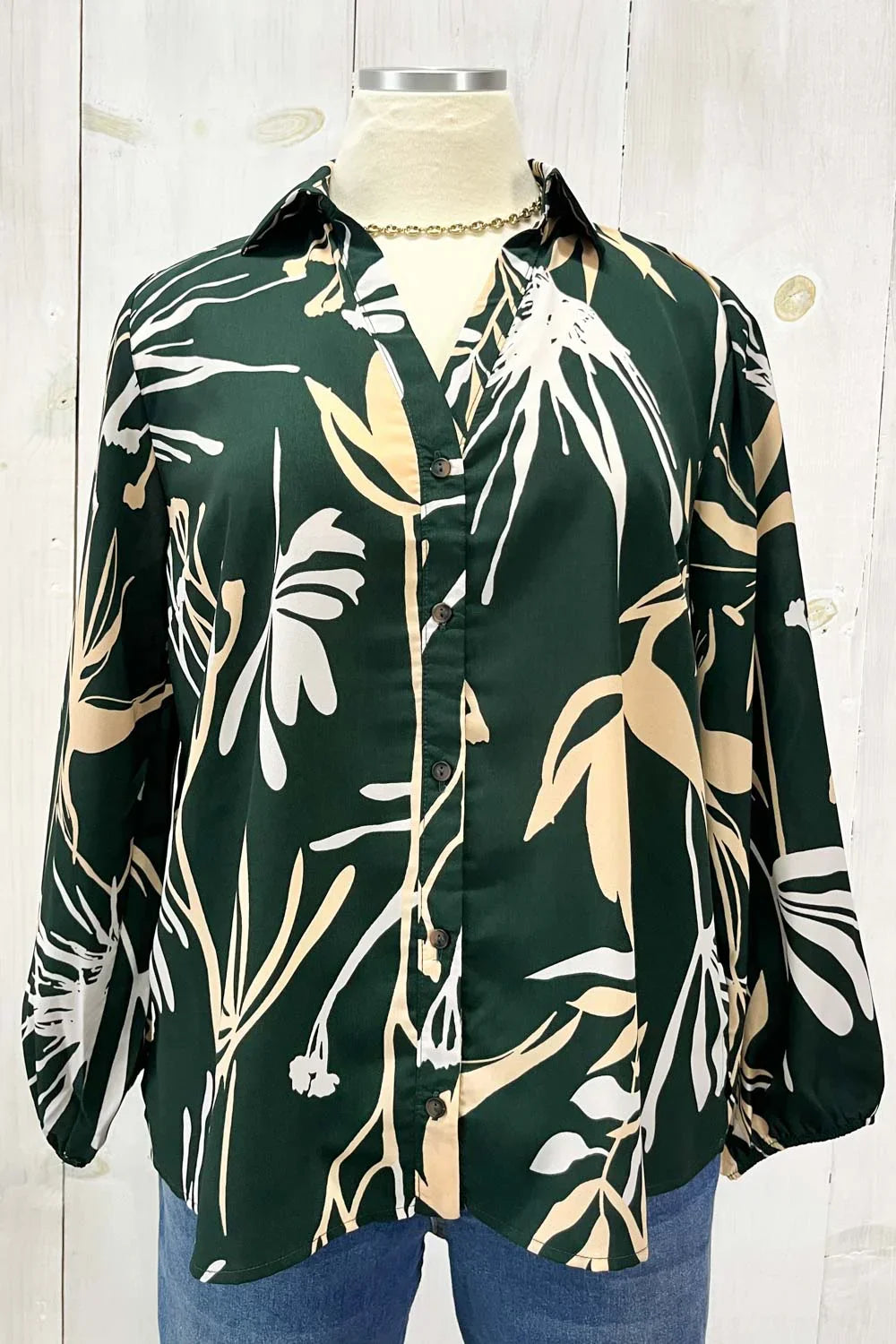 Plus Size Forest Green Tropical Botanical Print Button Down Long Sleeve Blouse