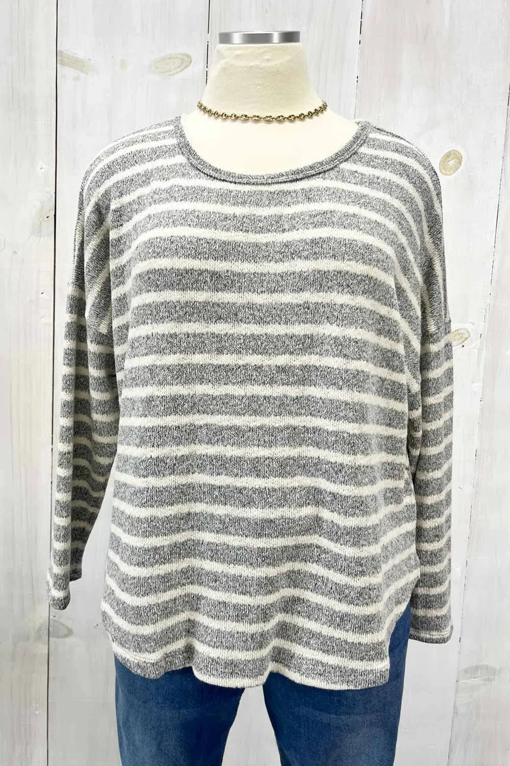 Plus Size Grey Cream Striped Long Sleeve Scalloped Hem Relaxed Fit Knit Top