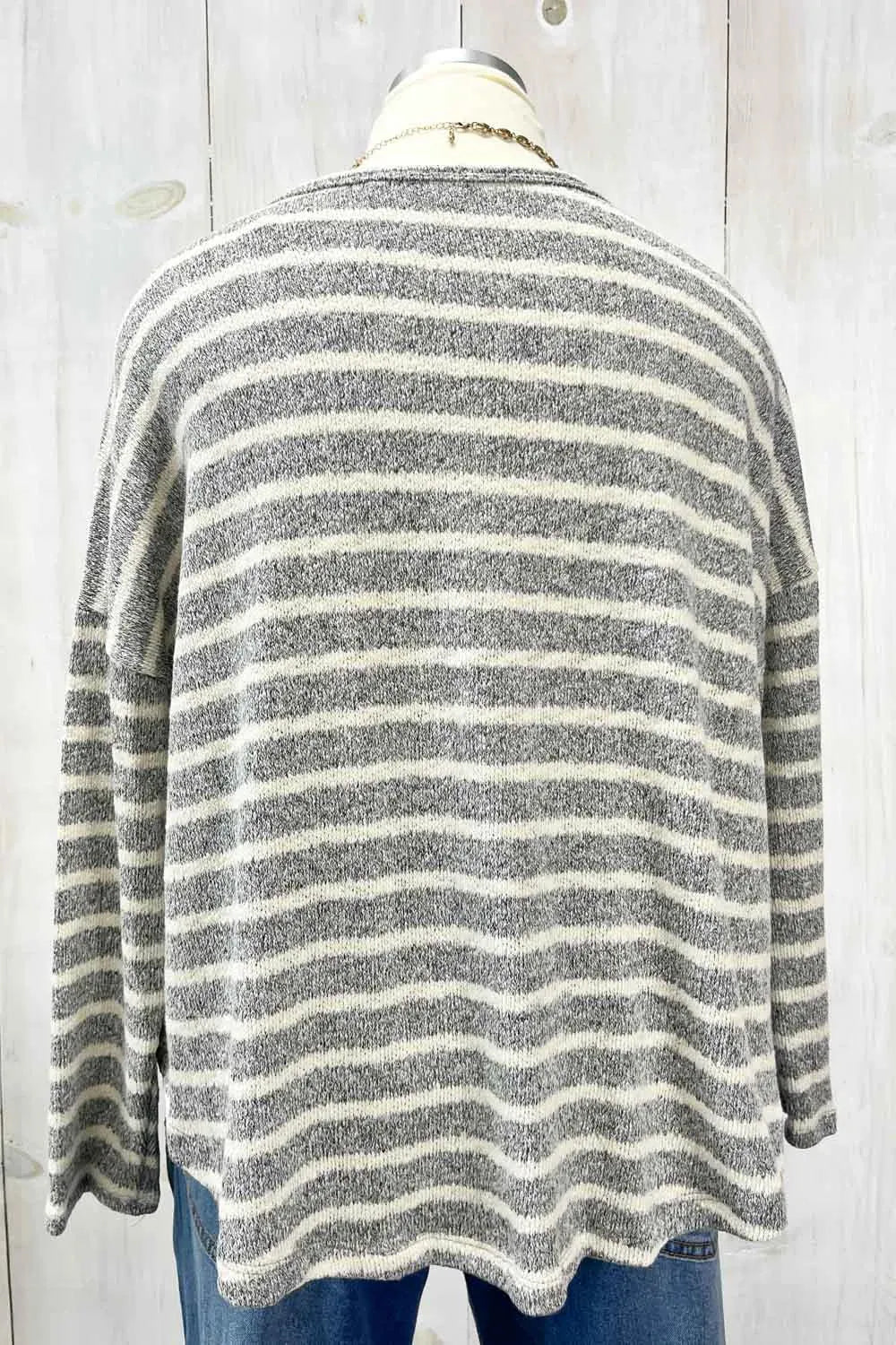 Plus Size Grey Cream Striped Long Sleeve Scalloped Hem Relaxed Fit Knit Top