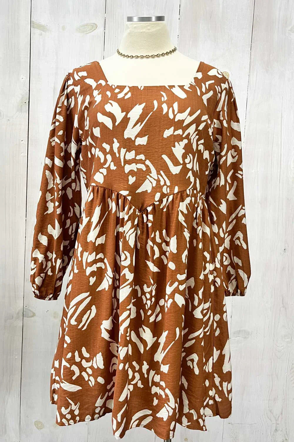 Plus Size Rust Brown Abstract Print Long Sleeve Empire Waist Boho Mini Dress