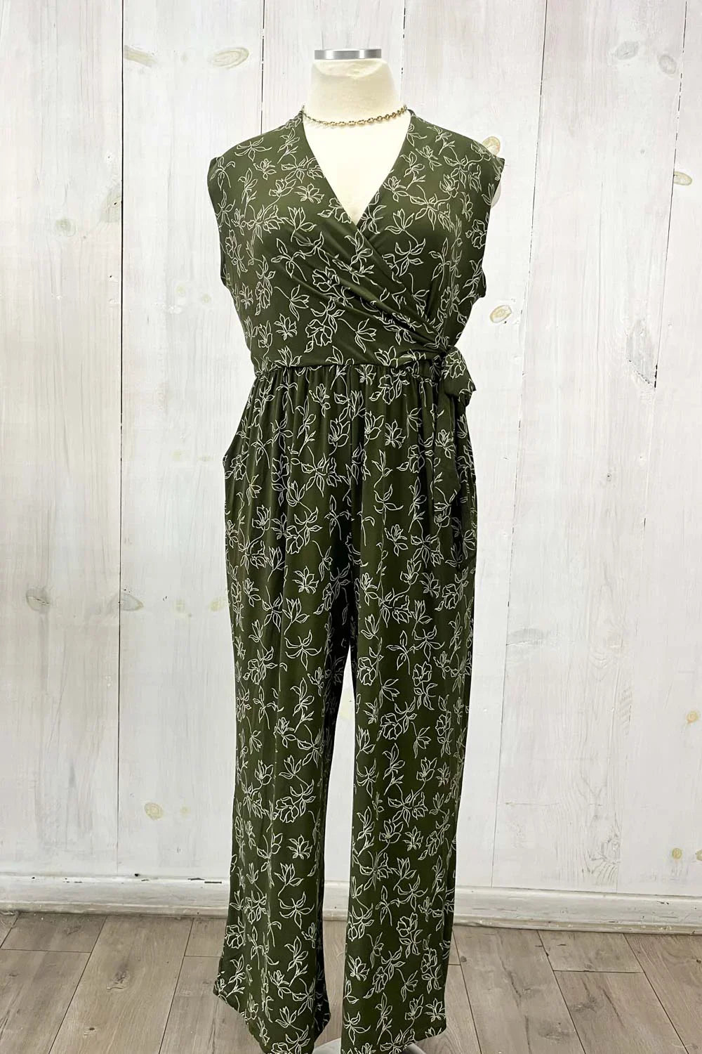 Olive Green Floral Print Front Wrap Sleeveless Wide Leg Boutique Jumpsuit