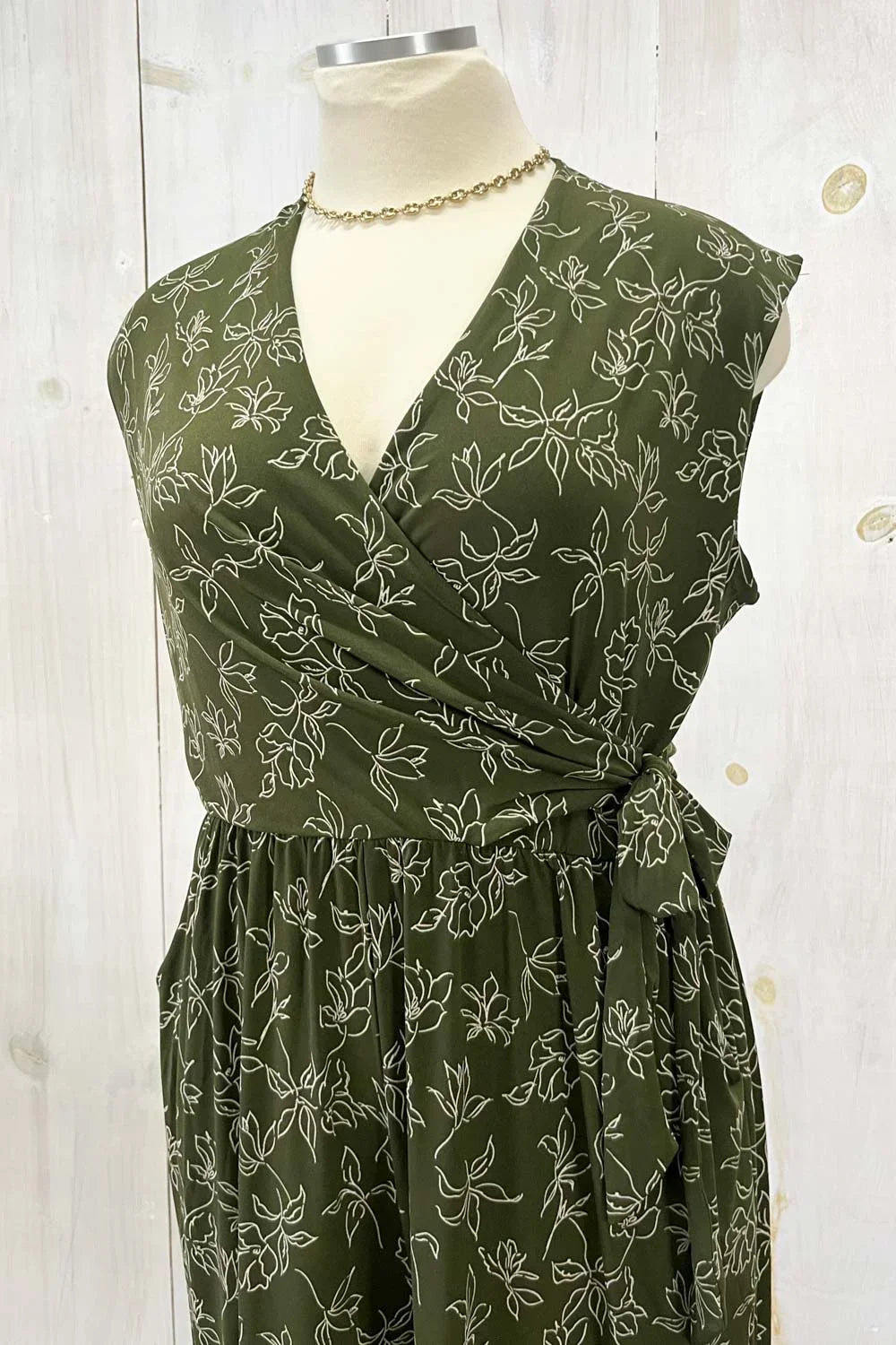 Olive Green Floral Print Front Wrap Sleeveless Wide Leg Boutique Jumpsuit