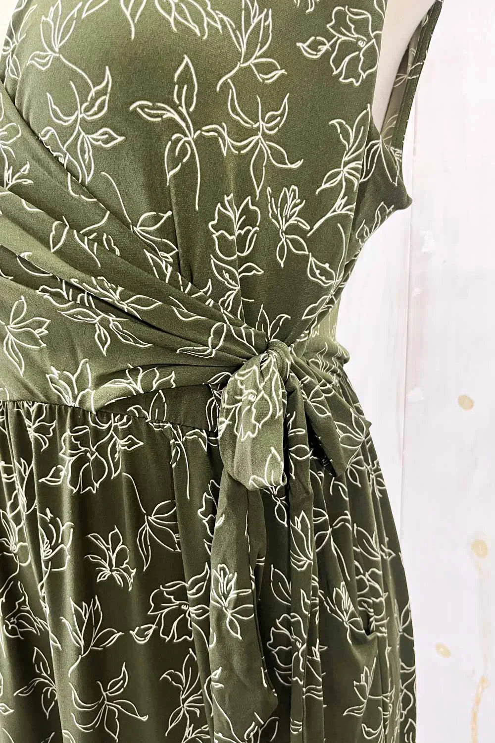 Olive Green Floral Print Front Wrap Sleeveless Wide Leg Boutique Jumpsuit