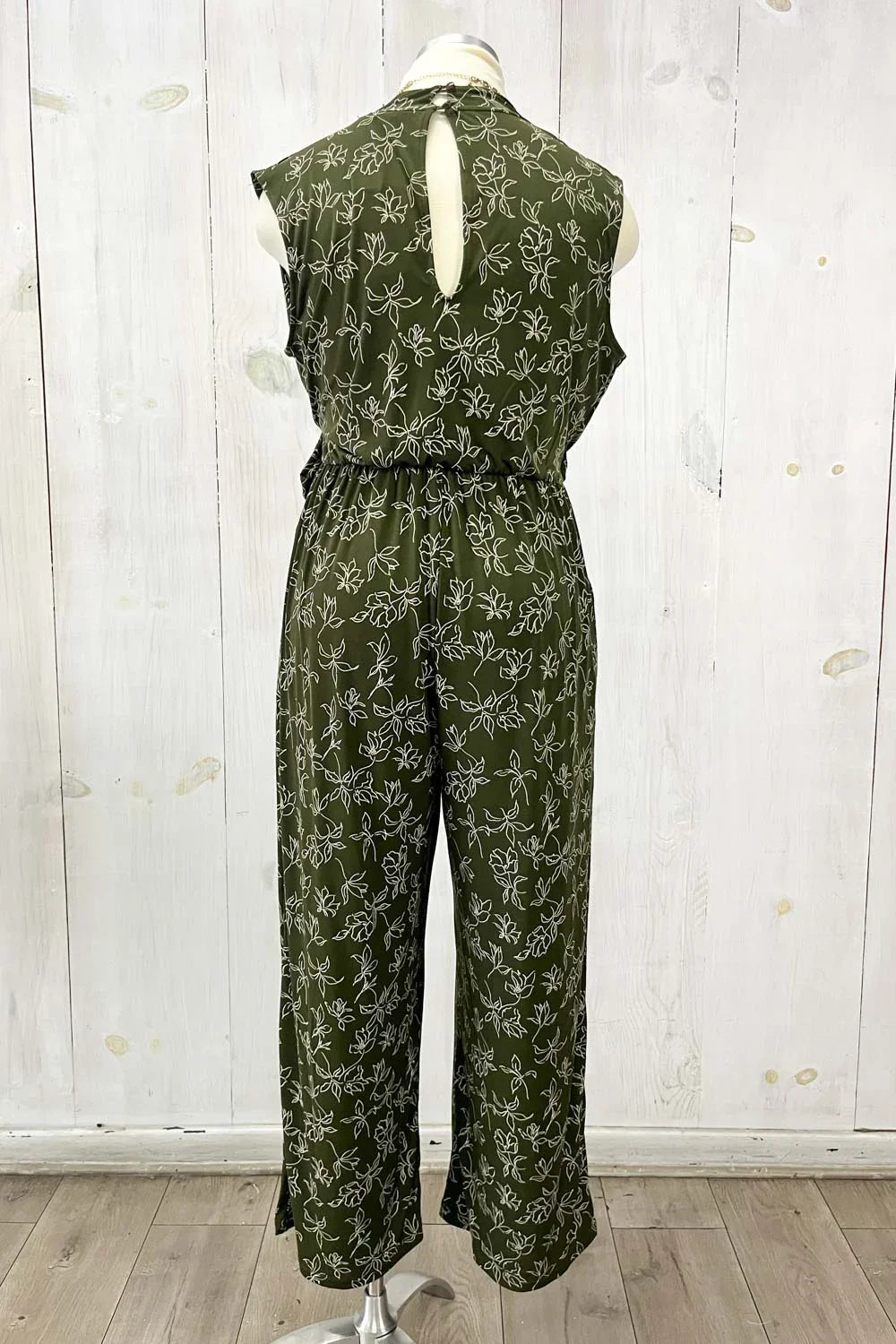 Olive Green Floral Print Front Wrap Sleeveless Wide Leg Boutique Jumpsuit