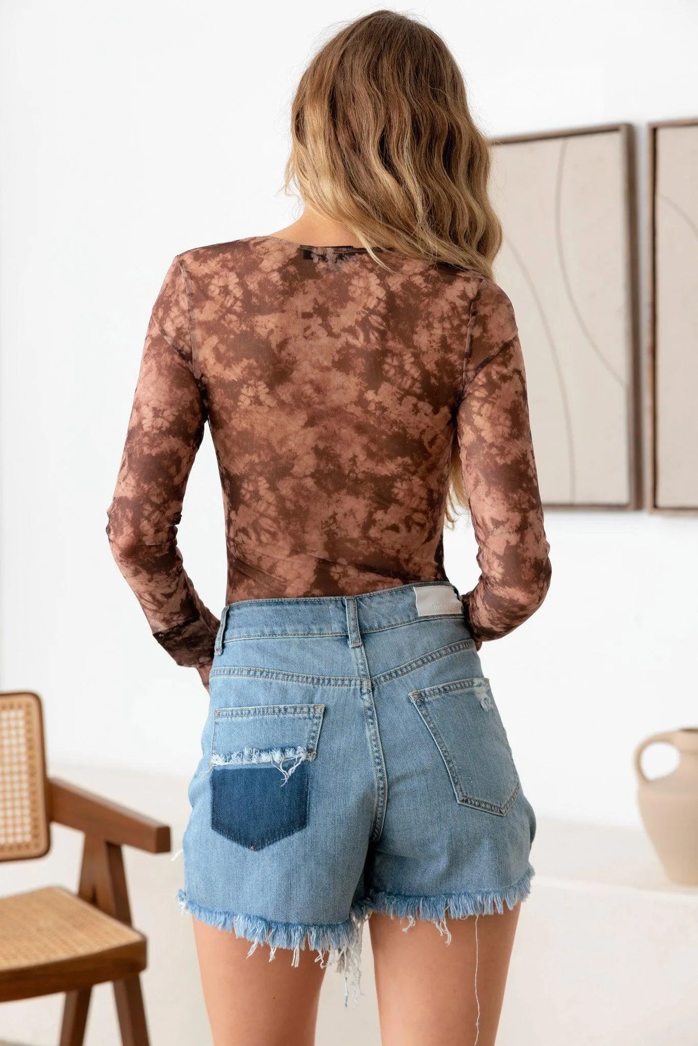 Mesh Lace-Up Tie-dye Long Sleeve Bodysuit - Tasha Apparel Wholesale