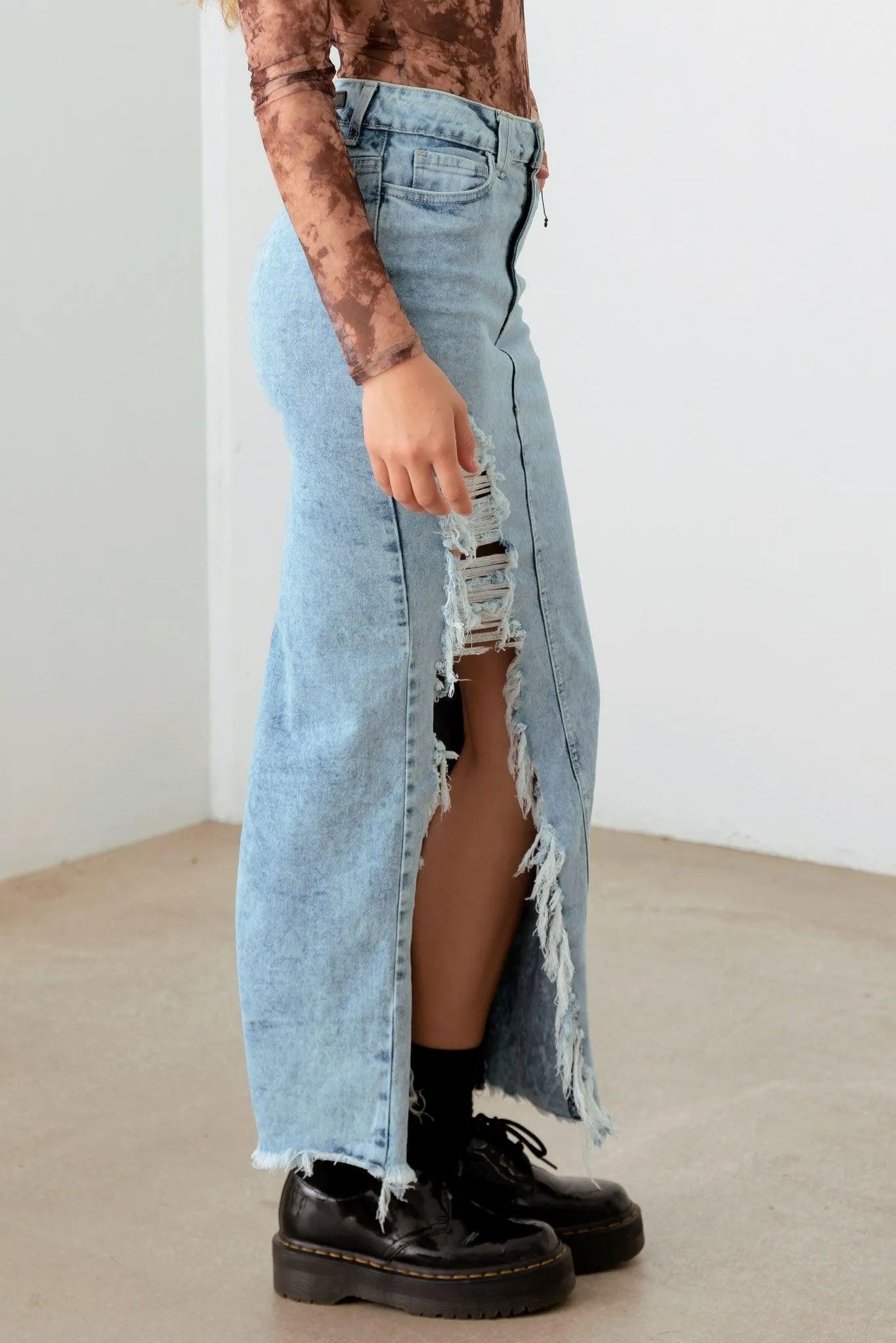 Front & Back Slit Cargo Pocket Maxi Denim Skirt - Tasha Apparel Wholesale