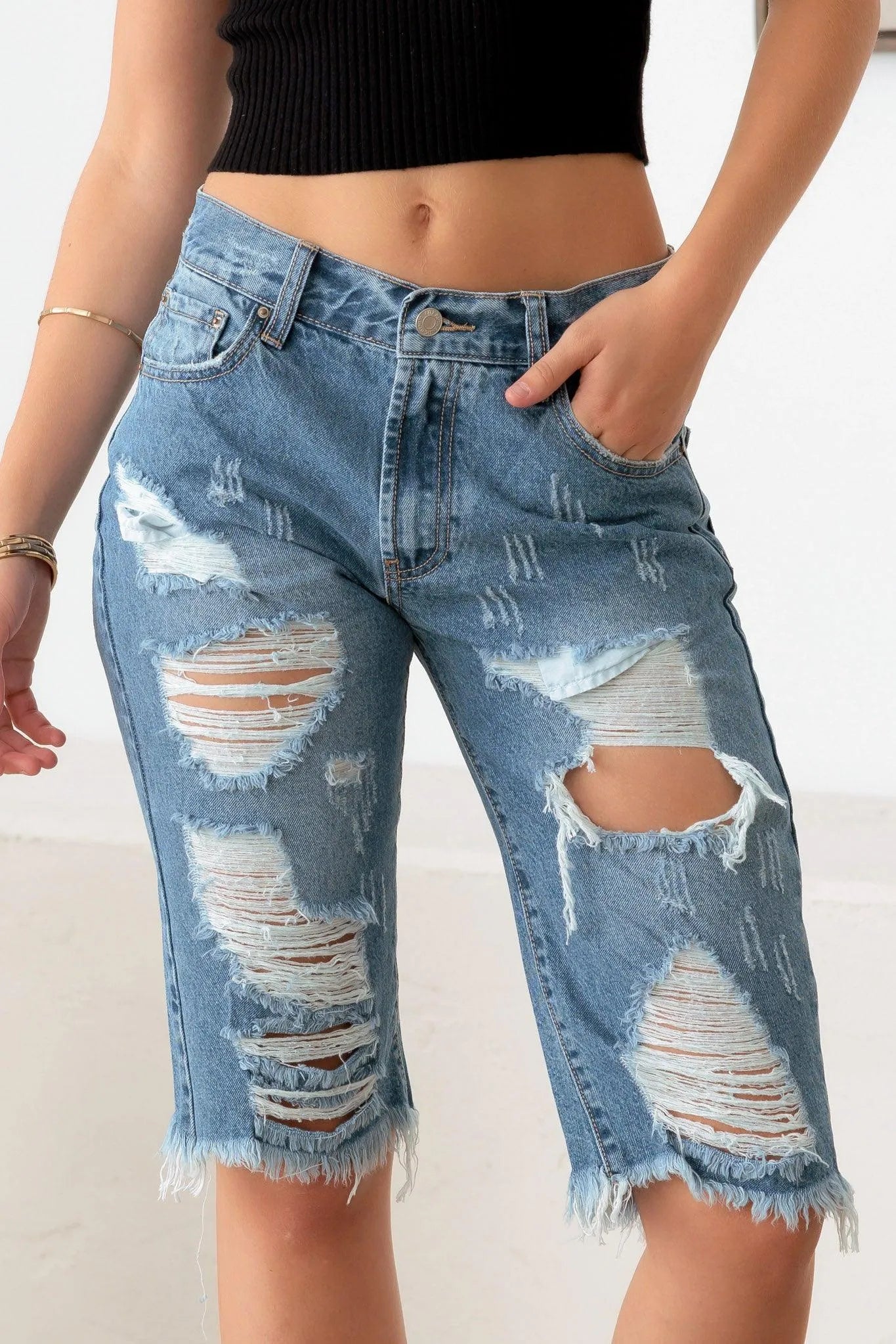 Destroyed Frayed Hem Denim Capri Shorts - Tasha Apparel Wholesale