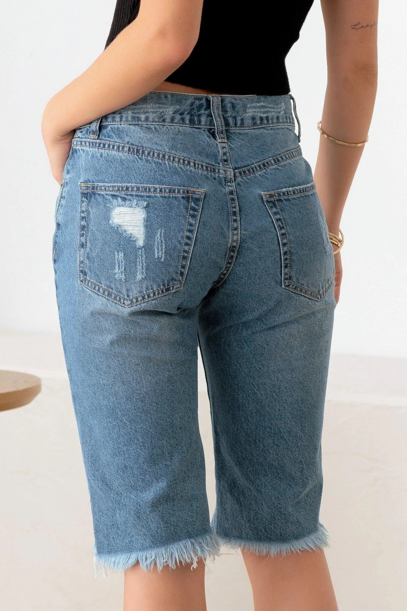 Destroyed Frayed Hem Denim Capri Shorts - Tasha Apparel Wholesale