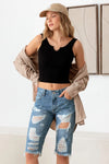 Destroyed Frayed Hem Denim Capri Shorts - Tasha Apparel Wholesale