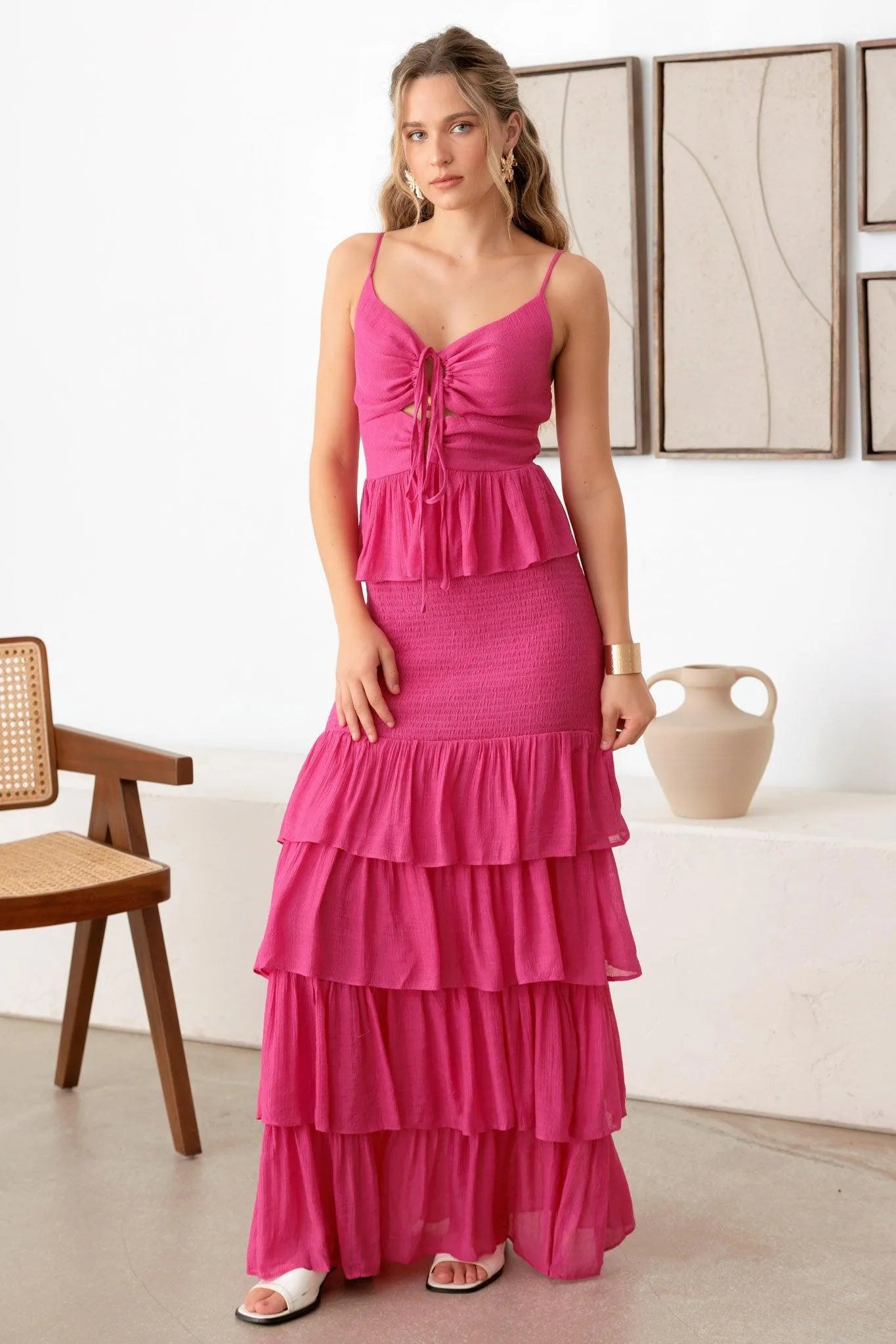 Chest Trim With Smocked Ruffled Layered Hem Dress - Tasha Apparel Wholesale