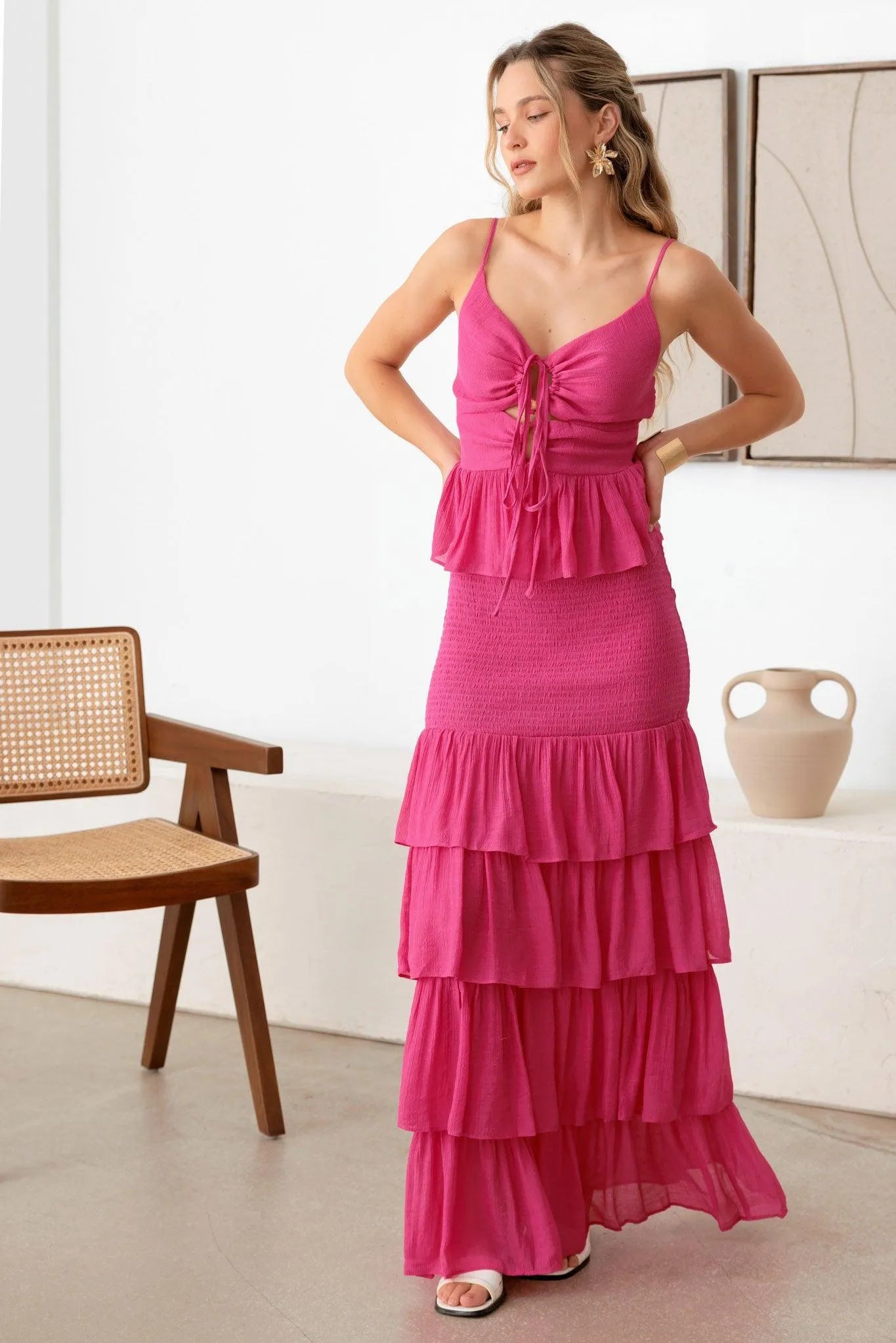 Chest Trim With Smocked Ruffled Layered Hem Dress