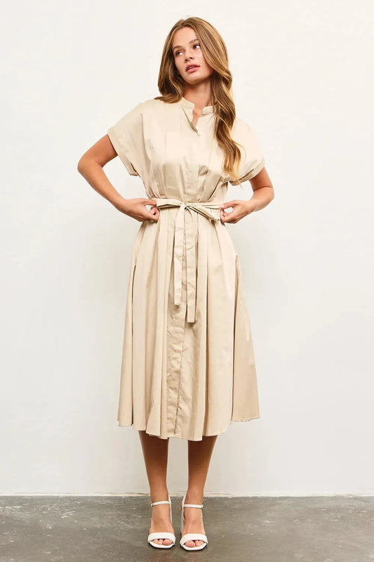 Button Down Belted Flowy Wide Cap Sleeves Midi Dress - Tasha Apparel Wholesale