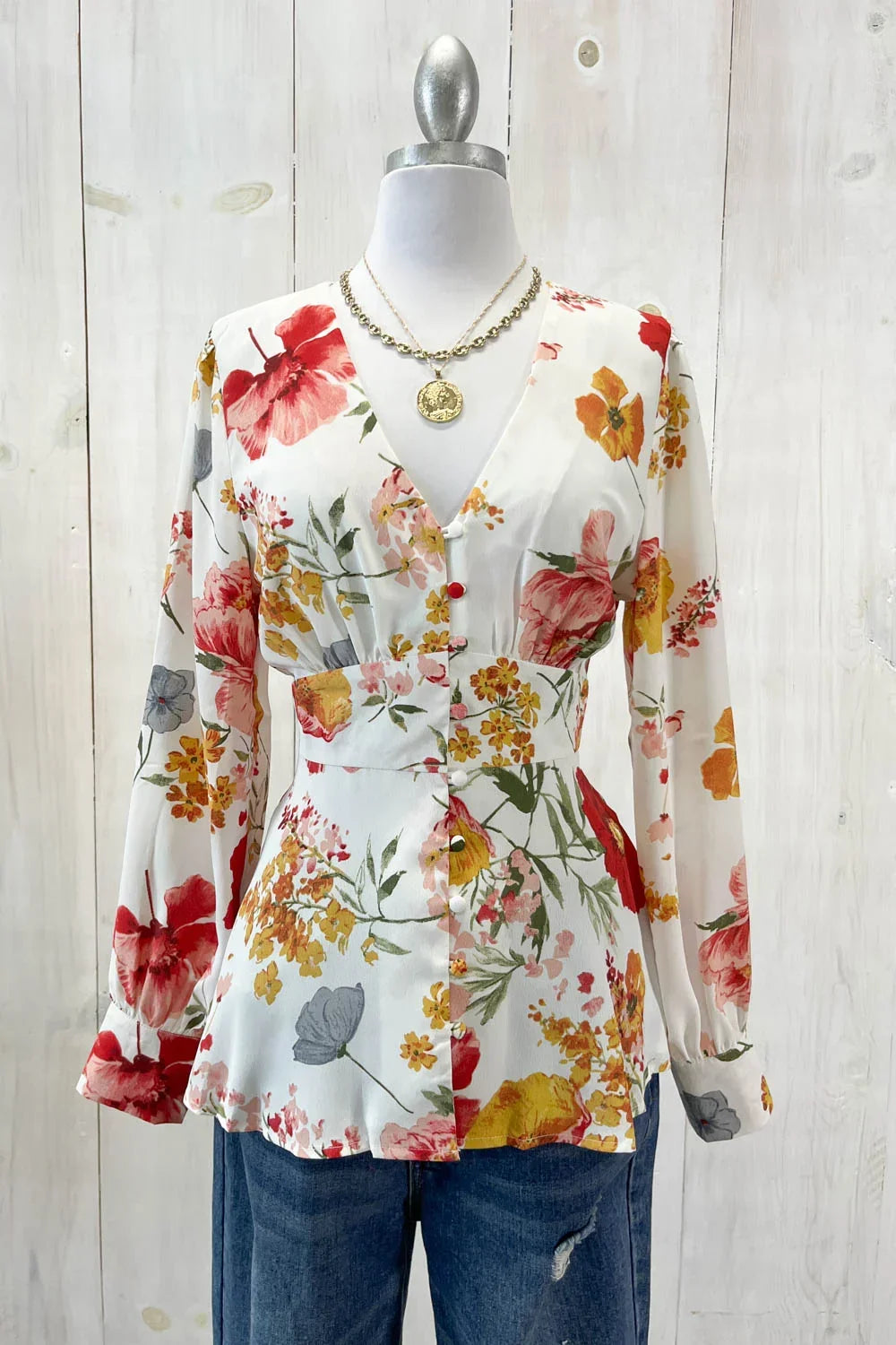 White Floral Print Peplum Top Long Sleeve V-Neck Button Front Blouse