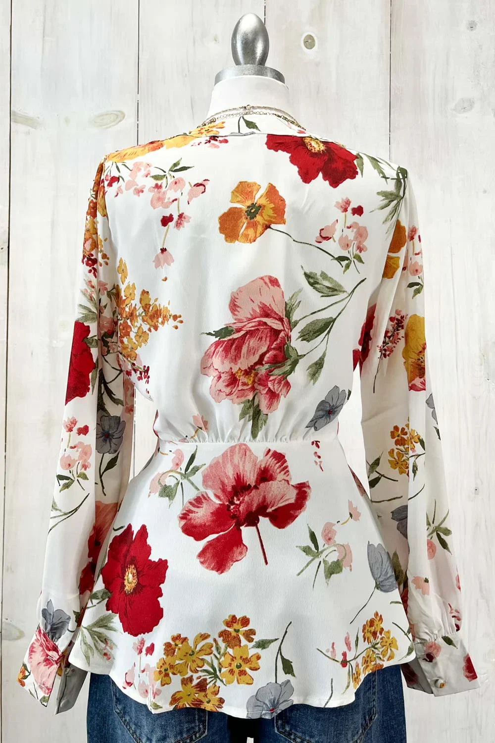 White Floral Print Peplum Top Long Sleeve V-Neck Button Front Blouse