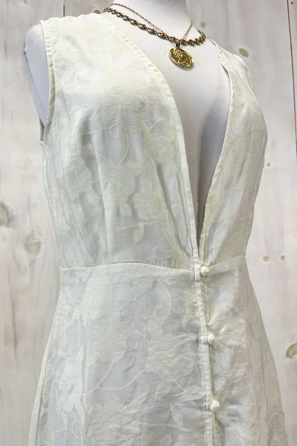 Sleeveless Floral Satin Button Down Front Slit Resort Dress