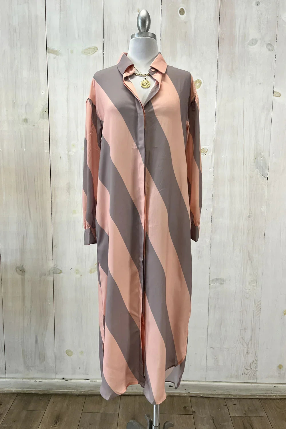 Striped Button Down Long Sleeve Collared Flowy Boutique Maxi Shirt Dress Peach Orange / S-M-L/2-2-2