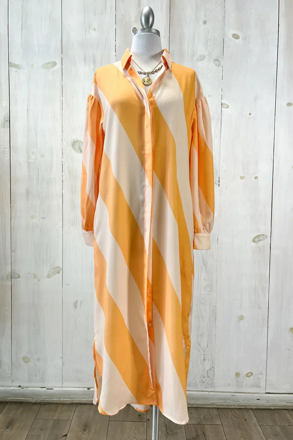 Striped Button Down Long Sleeve Collared Flowy Boutique Maxi Shirt Dress