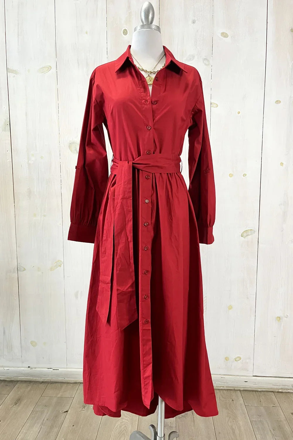 Button Down with Tie Belt Long Sleeve 100% Cotton Maxi Shirt Dress