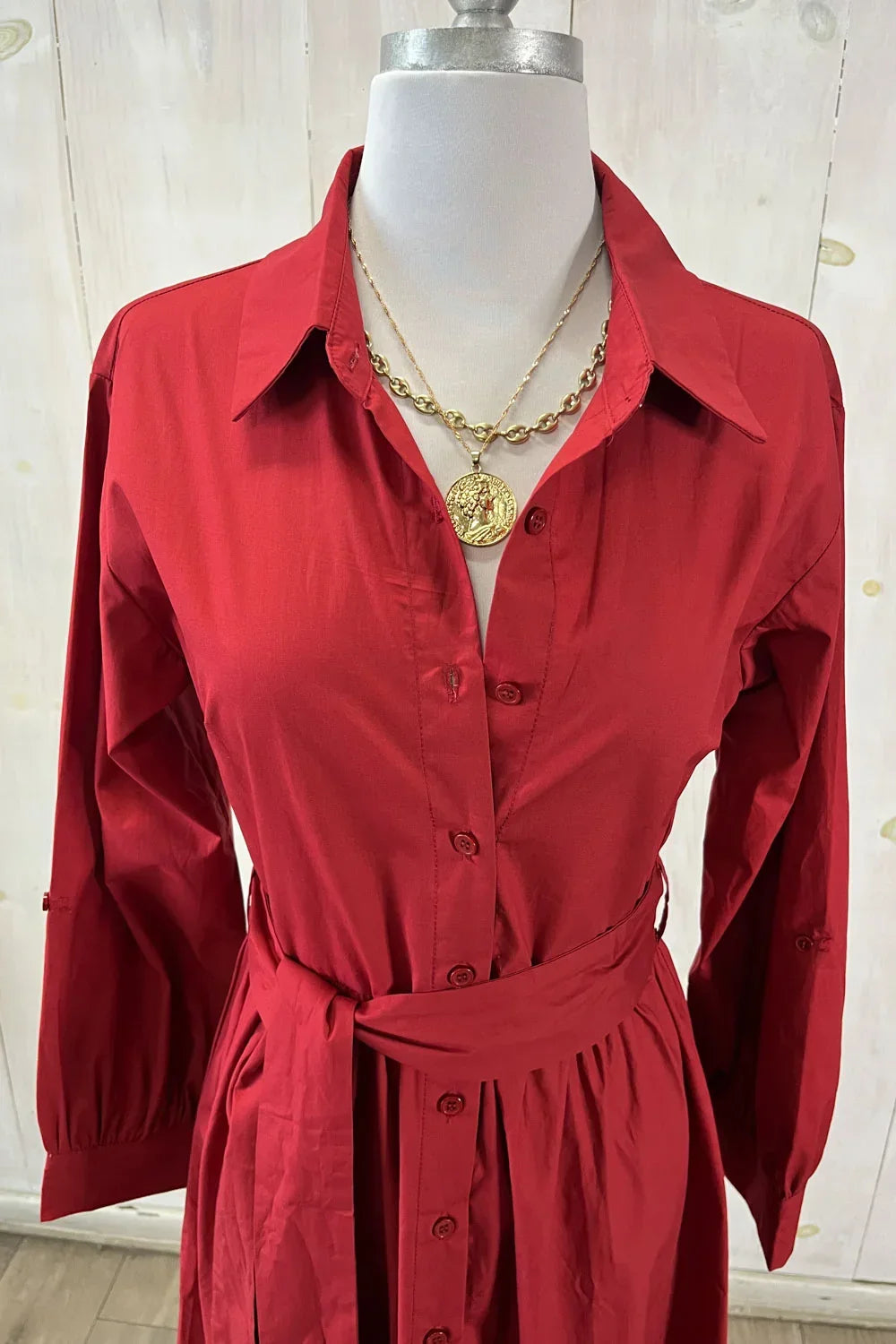 Button Down with Tie Belt Long Sleeve 100% Cotton Maxi Shirt Dress