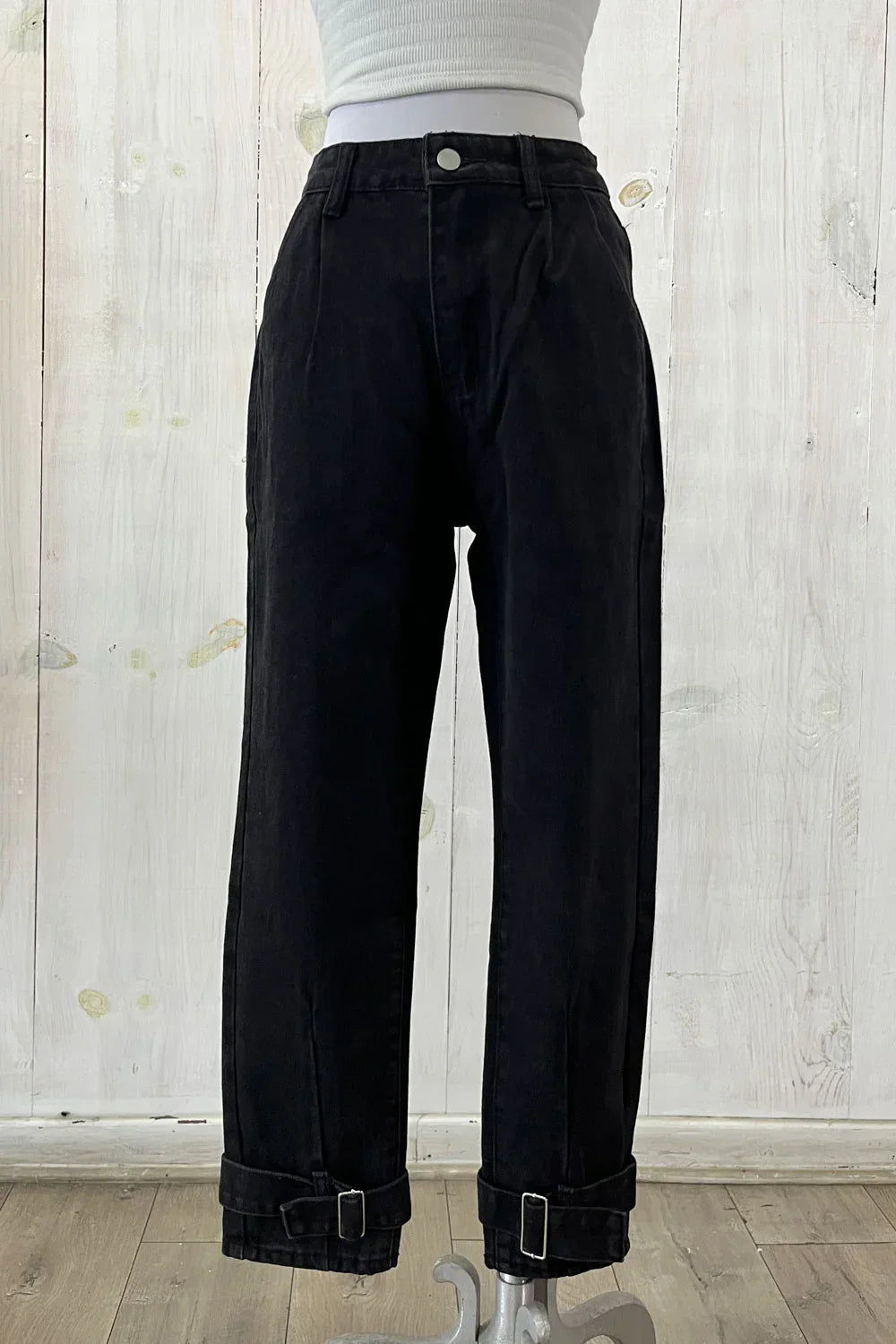 High Waist Jeans with Buckle Hem Detail Trendy Boutique Denim Pants