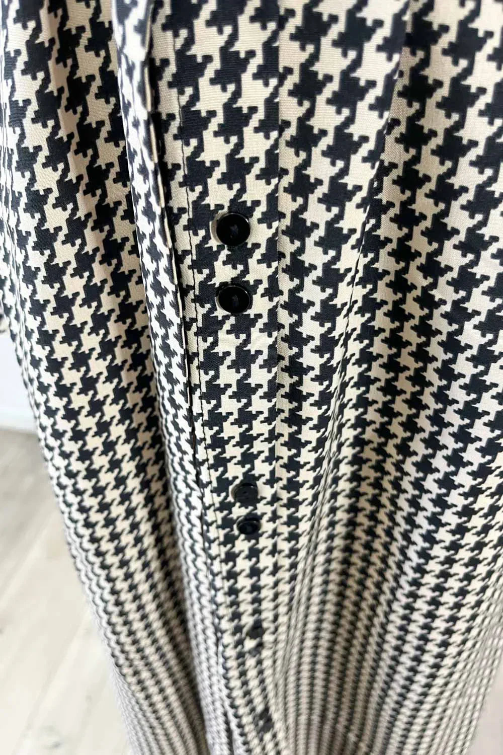 Houndstooth Print with Belt Cold Shoulder Long Sleeve Midi Shirt Dress