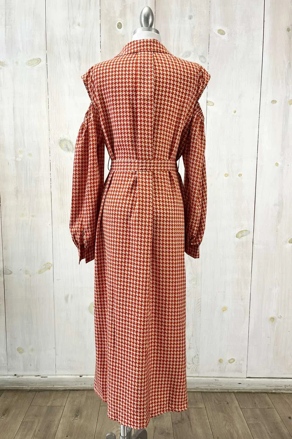 Houndstooth Print with Belt Cold Shoulder Long Sleeve Midi Maxi Shirt Dress