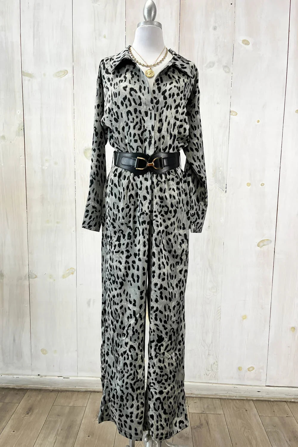 Leopard Print Satin Jumpsuit Long Sleeve Button Front Wide Leg Boutique Jumpsuit