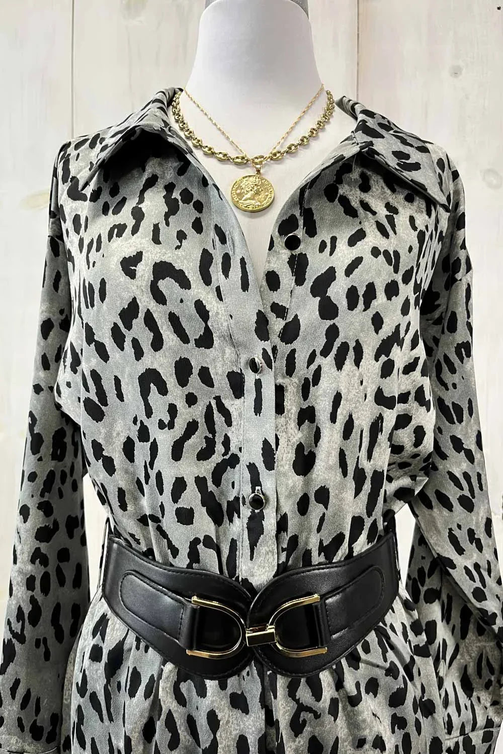 Leopard Print Satin Jumpsuit Long Sleeve Button Front Wide Leg Boutique Jumpsuit