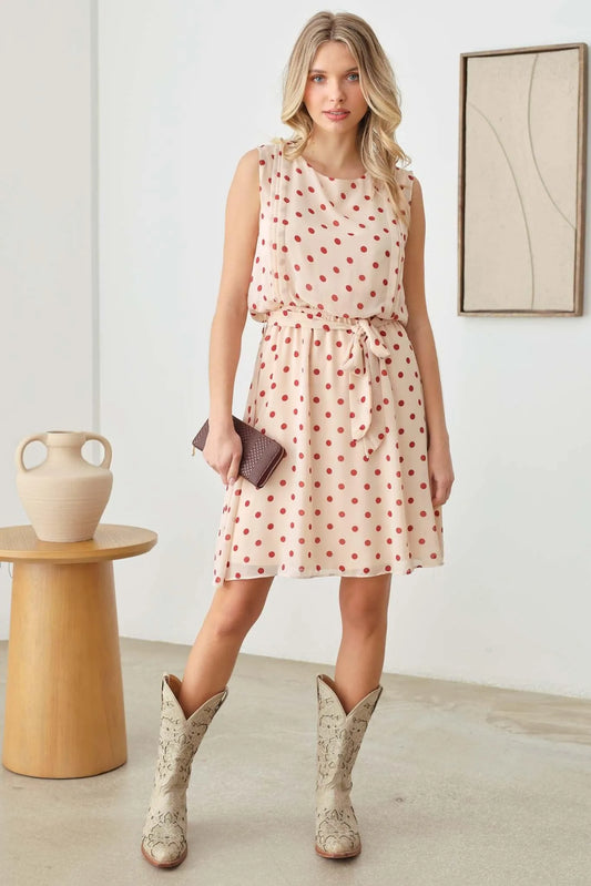 Polka Dot Print Tie Waist Fit Flare Midi Dress - Tasha Apparel Wholesale